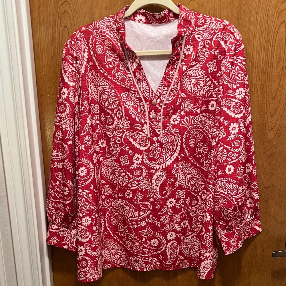 Women's Red Paisley Split-Neck Tunic with White Print